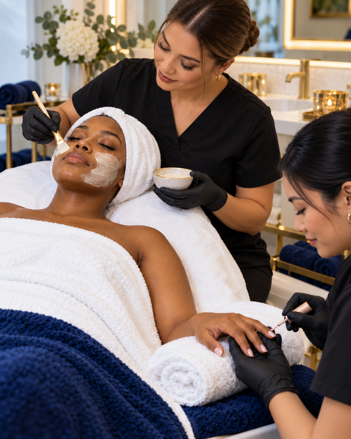 Illustrative image of a diverse beauty team providing a facial treatment and manicure