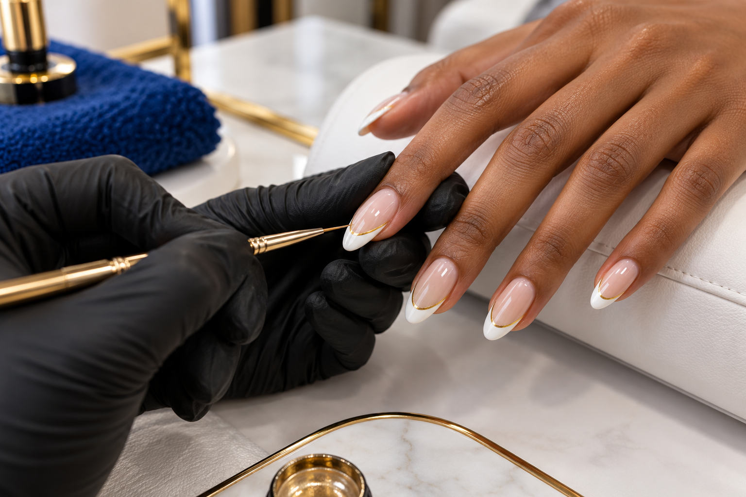 Illustrative close-up of a French manicure with gold detailing