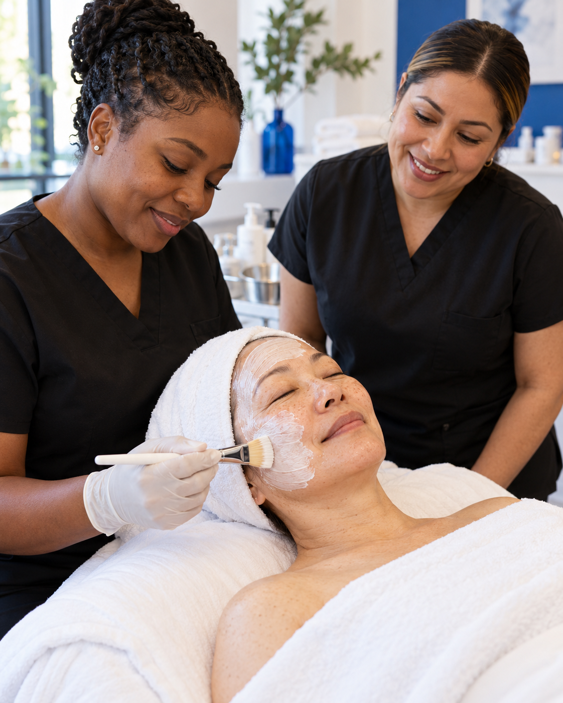 AI-generated illustration of a diverse student clinic team providing a supervised facial to a mature client